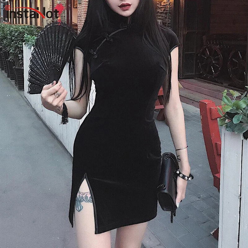 Женское бархатное платье Ципао InstaHot винтажное облегающее в китайском стиле с