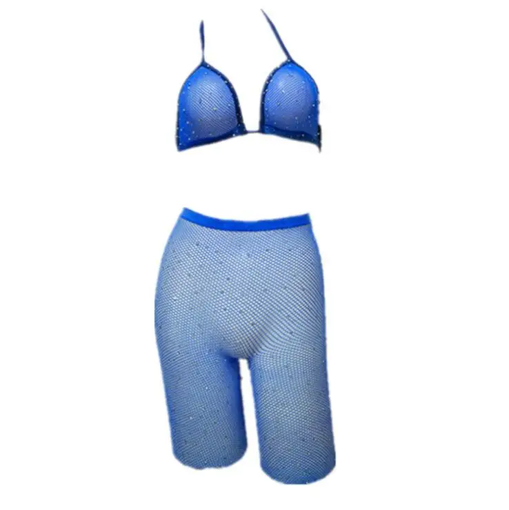 Blue Женское нижнее белье, сексуальный комплект из бра с сеткой, соблазнительный бюстгальтер, комплект из бюстгальтера и леггинсов, стразы, комплект нижнего белья - Цвет: Blue