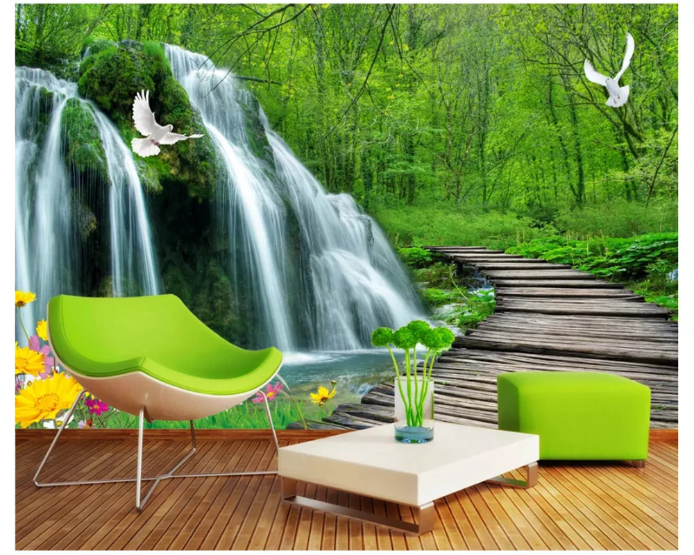 

beibehang Custom fashion stereo wall paper waterfall wooden bridge 3D TV bedroom decorative painting background 3d wallpaper