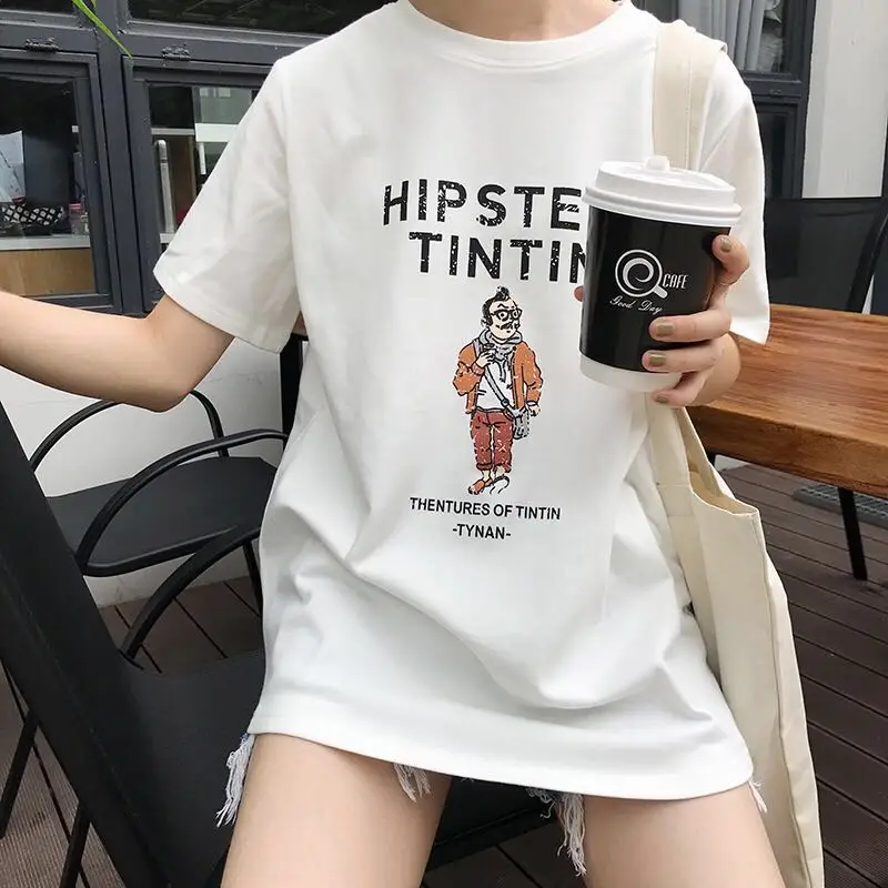 Новый корейский Для женщин Основные футболки лето мультфильм shortsleeved Футболка