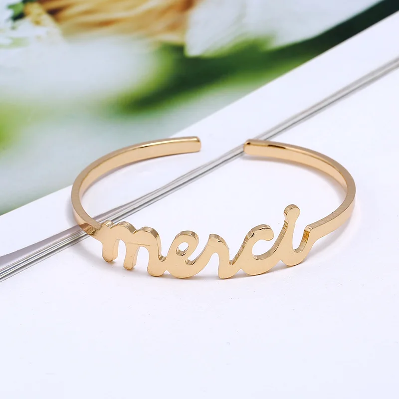 Doreen Box Copper Open Cuff Bangles For Women Party Bracelets Gold Color French Message &quot Mercy 6cm(2 3/8&quot) Dia. 1 Piece | Украшения