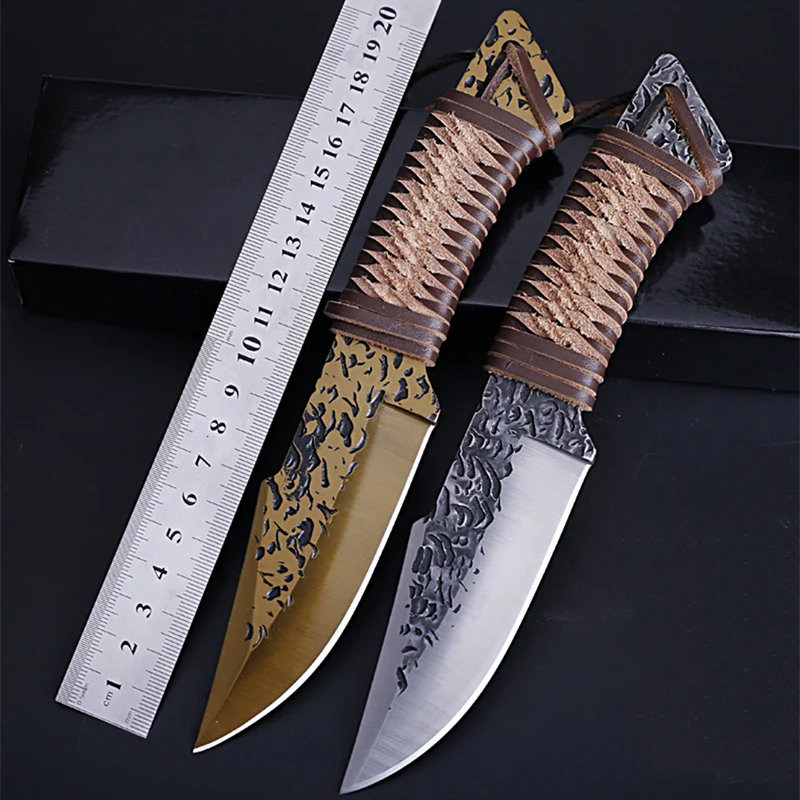 

New hunting knife pure manual forged outdoor survival small straight knife high hardness leather rope handle of sharp knives