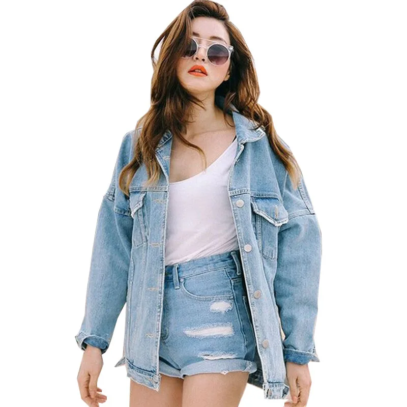 Женская джинсовая куртка свободная с длинным рукавом большого размера для осени