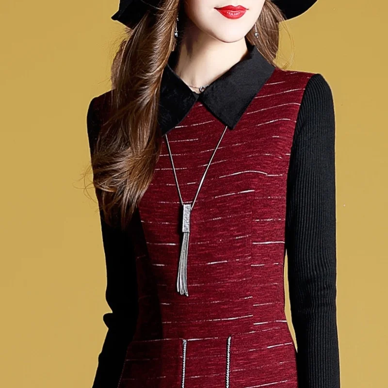 Women's Clothing 2018 New Autumn Fashion Pocket Knitting Lace Patchwork Dress Long Sleeves Peter Pan Collar Dresses Female | Женская
