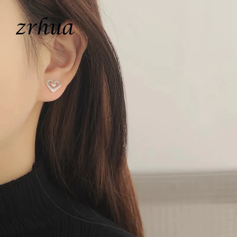 ZRHUA 925 Sterling Silver SimpleSweet Double Heart to Stud Earrings for Women Brincos Fine Jewelry Bijoux Wedding Gifts | Украшения и