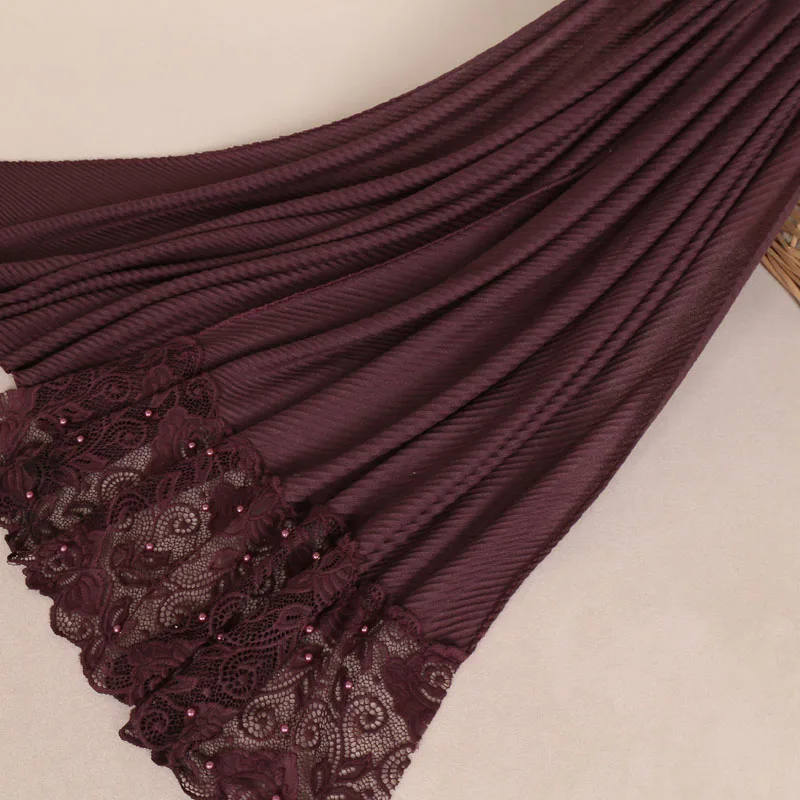 

Fashion Plain Lace Wrinkle Beads Patchwork Bubble Viscose Shawl Scarf Ladies High Quality Hijabs and Wraps Pashmina Muslim Sjaal