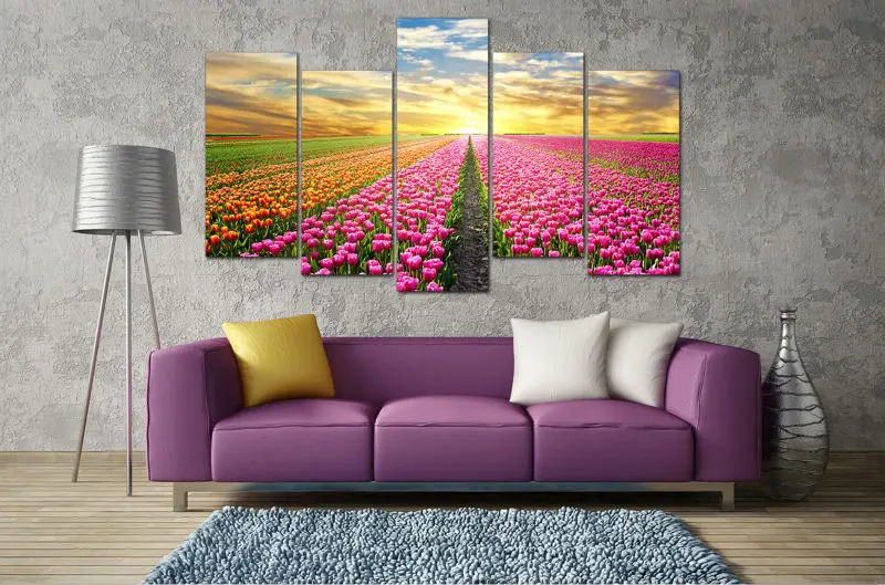 5 панелей большая картина с принтом утром розовый оранжевый тюльпан цветы холст