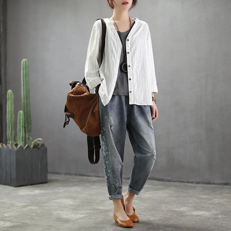 Spring Jeans Loose Elastic Waist Casual Women Denim Pants 2019 New Female Embroidery pocket hole Vintage Trousers |
