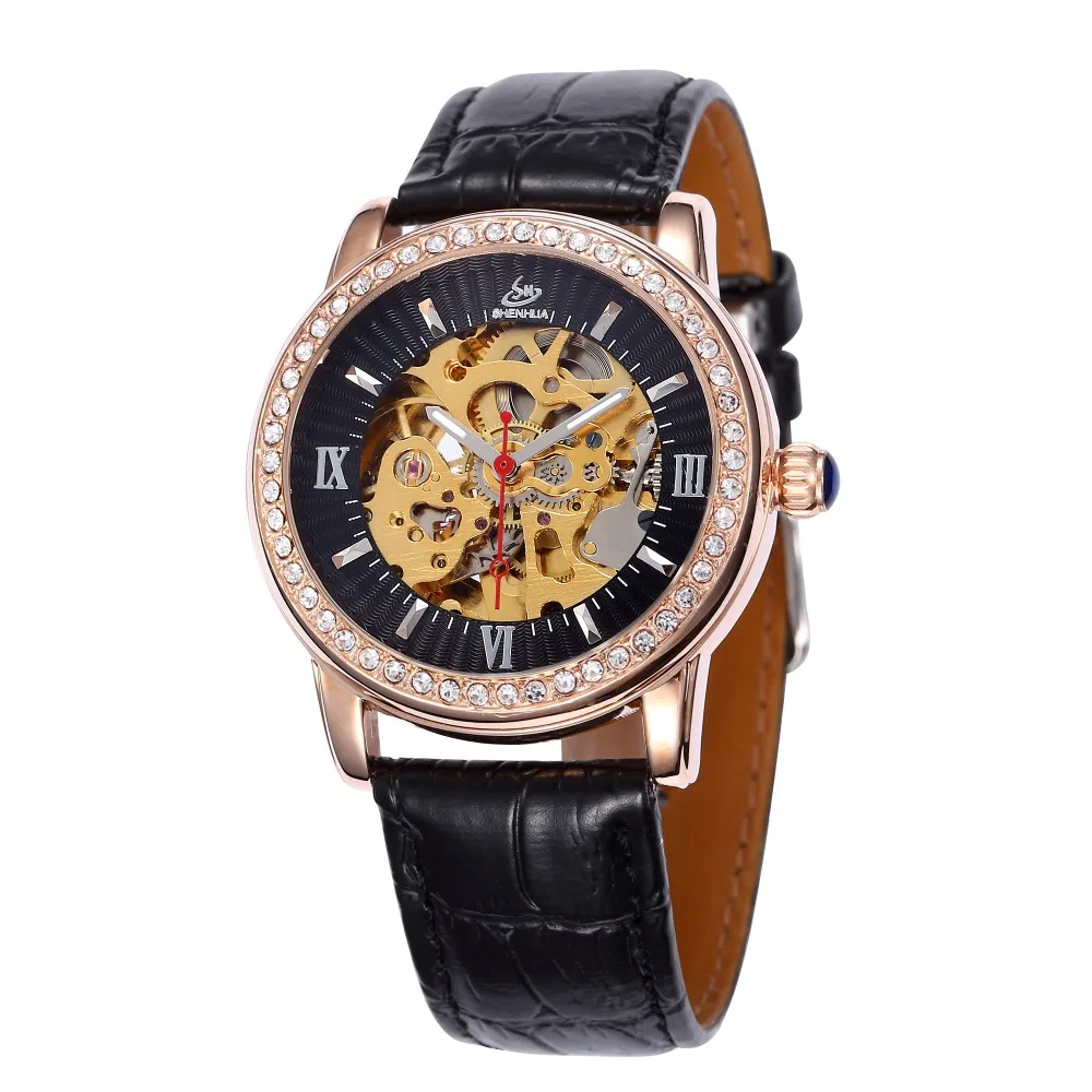 Фото Женские Механические наручные часы SHENHUA SH роскошные часы-скелетоны с кристаллами