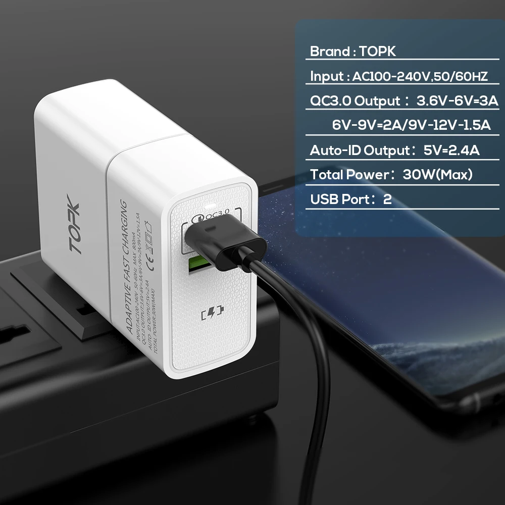 TOPK 30 W Quick Charge 3 0 Dual USB Зарядное устройство ЕС разъем для поездок стены адаптер