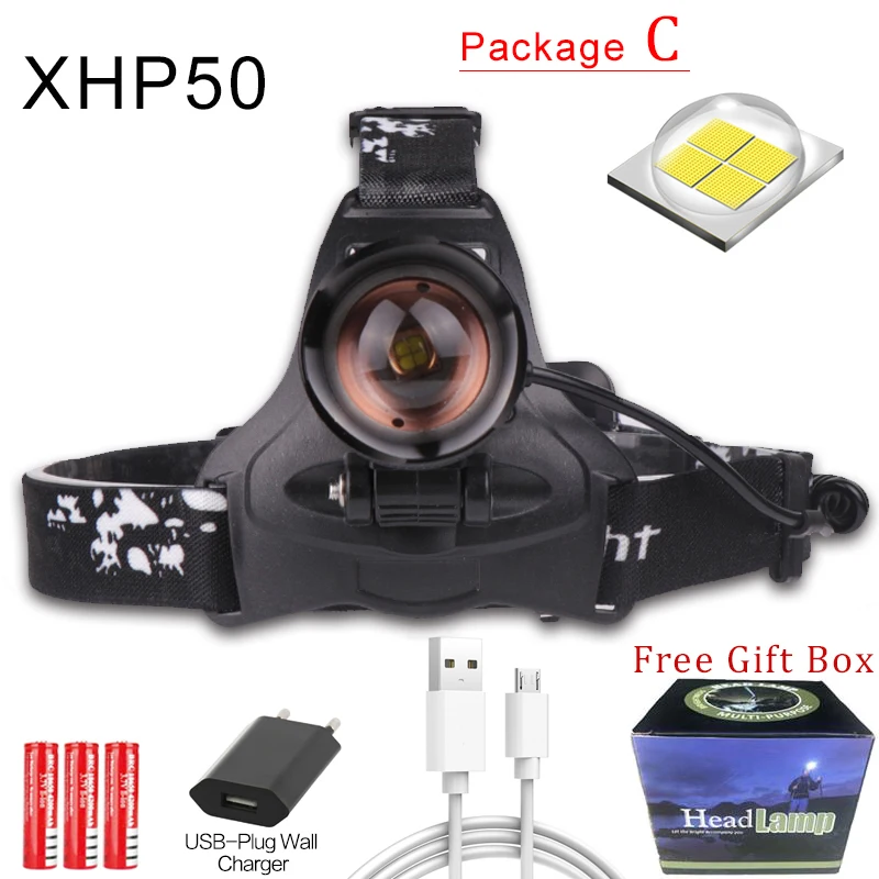 Package C 7000лм светодиодный налобный фонарь xhp70.2 самый мощный налобный светильник usb Zoom xhp70 xhp50 высокомощный налобный фонарь для рыбалки Фонарь налобный светильник для кемпинга - Испускаемый цвет: Package C