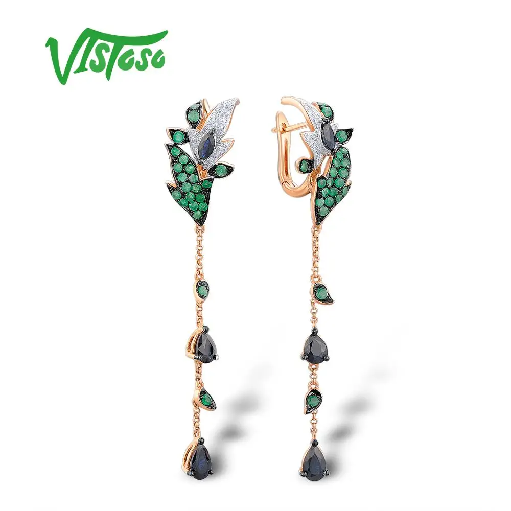 

VISTOSO Gold Earrings For Women Pure 14K 585 Rose Gold Sparkling Diamond Emerald Blue Sapphire Unique Wedding Fine Jewelry