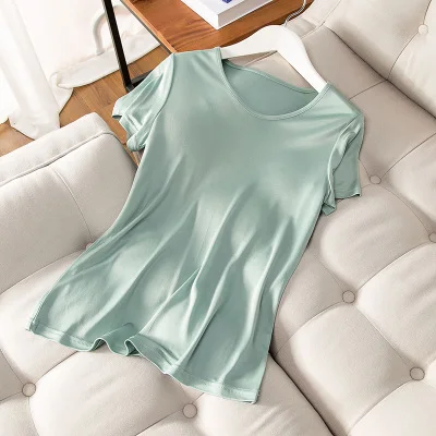Light Green Женская футболка, 30% шелк, 70% вискоза, круглый вырез, короткий рукав, джемпер,, летняя рубашка, базовый топ, белый, черный - Цвет: Light Green