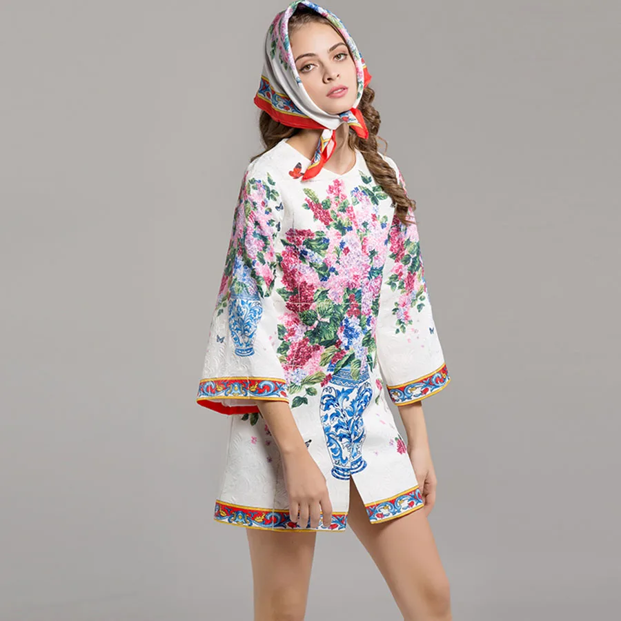 Jacquard White Luxury Coats European Women 3/4 Flare Sleeve Print High Quality Scarf 2017 Autumn Winter Classic Warm Coat | Женская