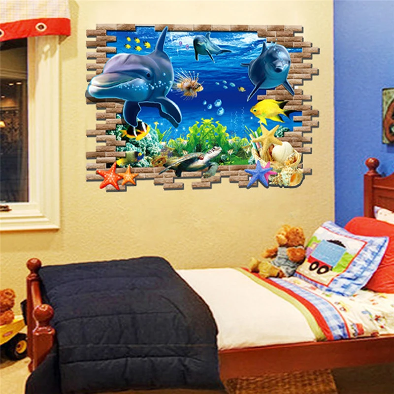

Sea Dolphin Ocean Window Fish underwater 3d Wall Stickers for Kids Room Decoration sticker decals Bathroom Decoration