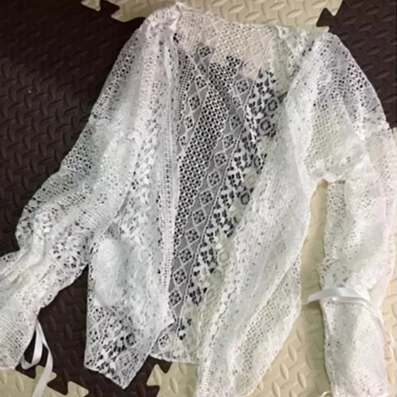 Summer Sexy Hollow Out Blouse Bikini Cover Up Batwing Sleeve Women Kimono Cardigan Female Sun Protection Lace Tops Blusas | Женская