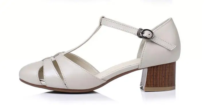 spring and summer new cow leather High heels buckle Crude heel round head retro sandals Female mid heel women's shoes