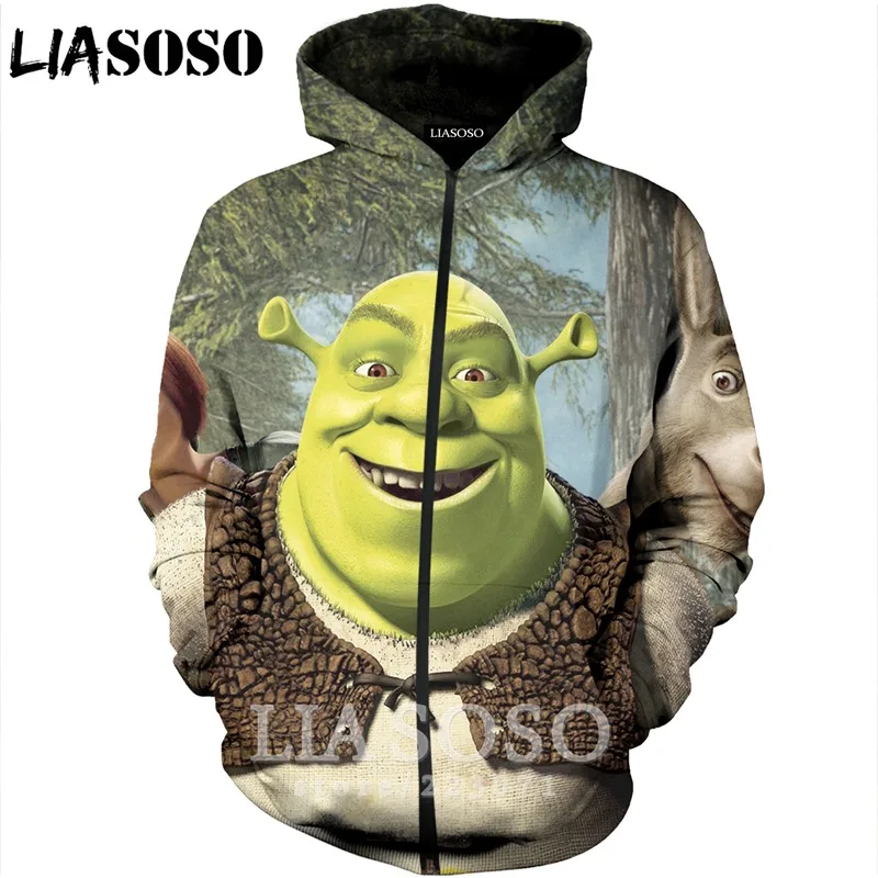 LIASOSO 2019 Новая мода Для мужчин женщин 3D принт аниме Шрек молнии с капюшоном унисекс