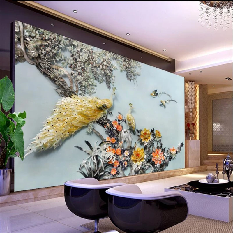 

3d обои beibehang на заказ, с изображением павлина, птицы, цветов, нефрита, с тиснением, для дивана, гостиной, спальни, телевизора, Декор для дома