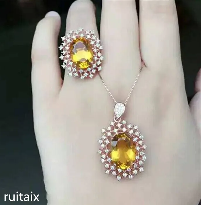 KJJEAXCMY boutique jewels 925 Чистое серебро инкрустация натуральный снег Кристалл желтый кристалл женское кольцо+ ожерелье+ кулон набор инкрустация