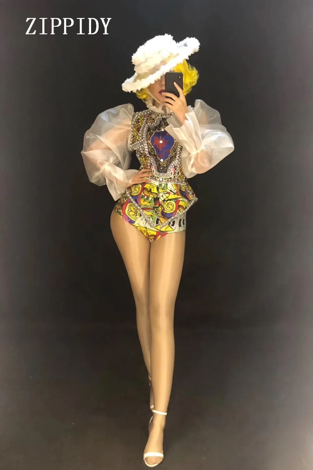 2019 Sexy Fashion Gold Flower Lace Bodysuit Transparent Net Yarn Costume Stage Dance Leotard Dance Performance Leotard YOUDU