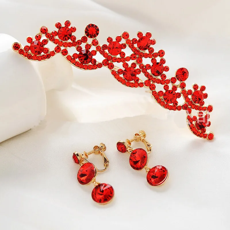 1Set Red Statement CZ Rhinestone Wedding Jewelry Sets Best Presents For Bridal Necklace Earrings Tiara Pageant | Украшения и