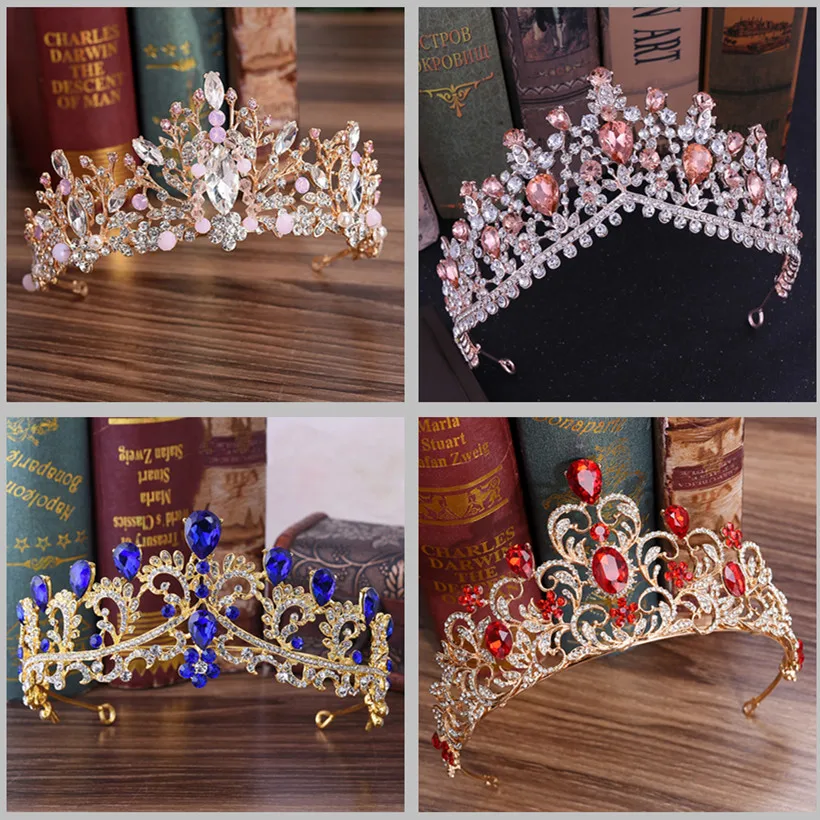 

DIEZI 2019 New Baroque Luxury Red Green Blue Crystal Crown Bridal Wedding Hair Accessories Crystal Tiaras Diadem Girls Headbands