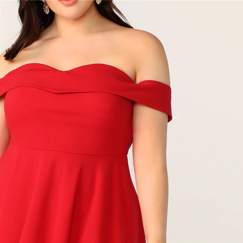SHEIN, платье трапециевидной формы с открытыми плечами размера плюс,, женское летнее элегантное милое однотонное платье с высокой талией