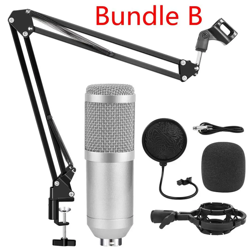 Silver Grey Bundle B Bm 800 комплект студийного микрофона Phantom power bm800 комплект микрофона для компьютера записи вещания bm-800 поп-подставка для фильтра - Цвет: Silver Grey Bundle B