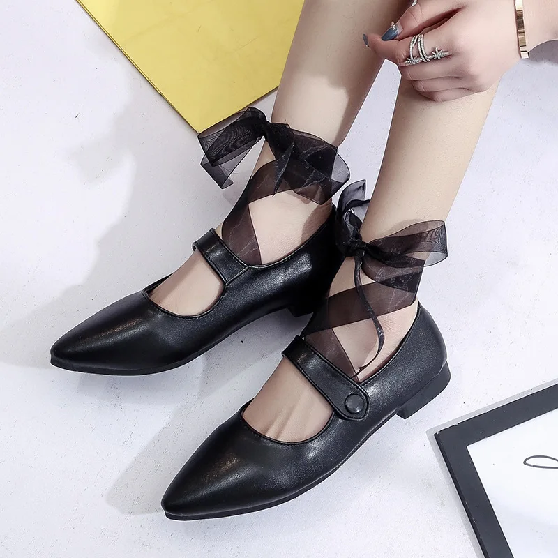 Женщины Острым Носом Зашнуровать Ботинки Балета Marry Джейнс Квартиры Бабочкой Riband