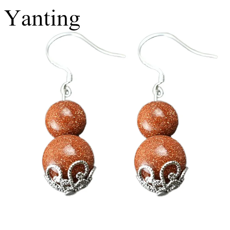 Серьги с натуральным золотым песком тыквы драгоценные камни бусины 10 мм