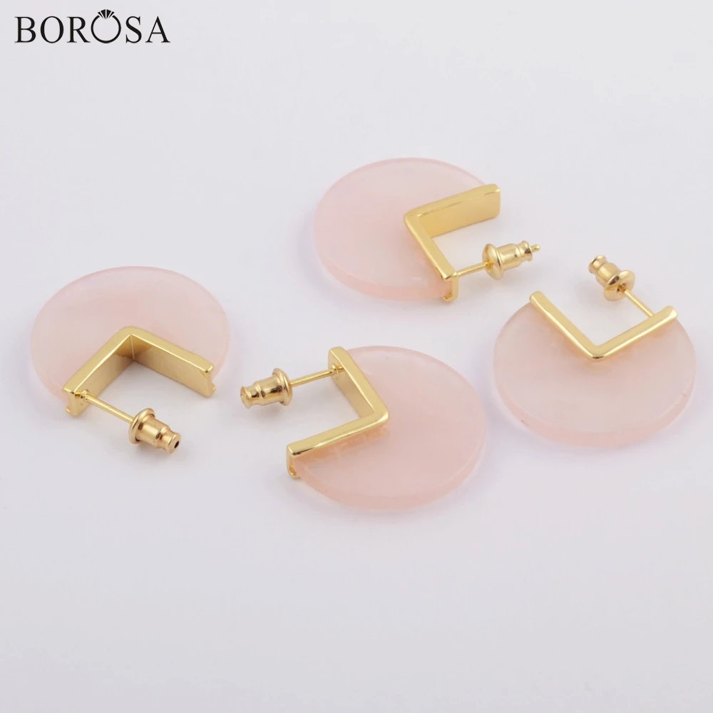 BOROSA Модные Позолоченные серьги-гвоздики из натуральной розы Quartzs Geniue розовый кристаллический кварц серьги-гвоздики Самоцветы женские подарки Прямая поставка ZG0421