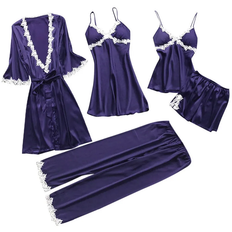 Purple 5pc 5 шт., женское сексуальное кружевное белье, ночное белье, нижнее белье, ночная рубашка, женская ночная рубашка, летние Ночные сорочки, мягкая сексуальная ночная рубашка#15S - Цвет: Purple 5pc