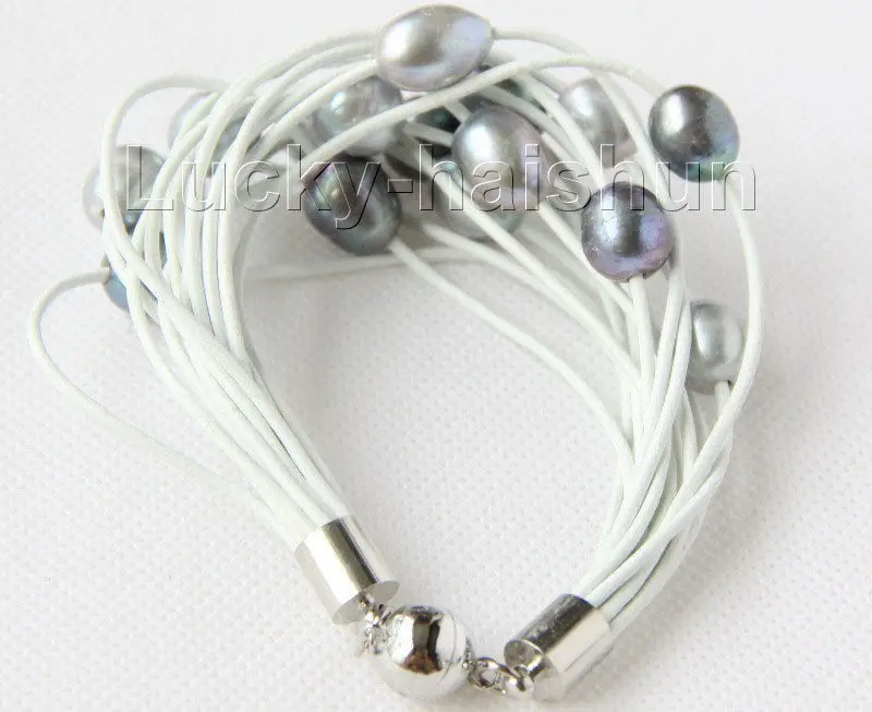 

FREE shipping 8" 13mm 15row gray black pearls white leather bracelet j9686