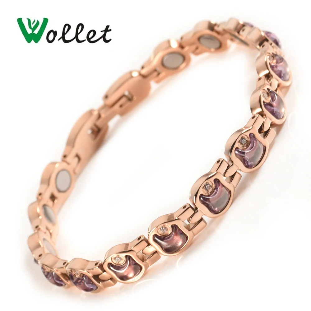 

Amethys CZ Stone Healing Energy Health Care Magnetic Stainless Steel Magnetic Bracelet Bangle For Women Magnets Rose Gold Color