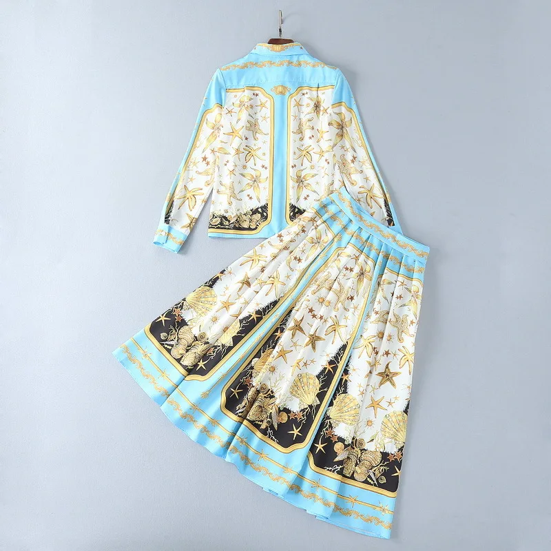 2018 New Spring Vintage Print Women Sets High Quality Fashion Full Sleeve Turn-down Collar Shirts +Pleated Skirts Retro Suits | Женская