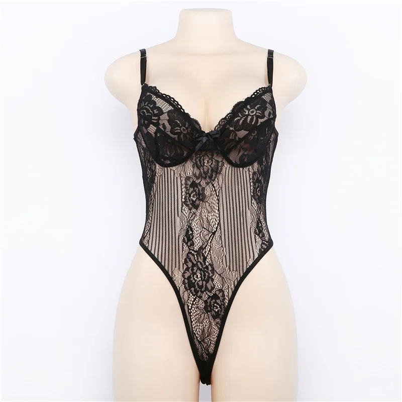

Body Femme Sexy Costumes Women Spaghetti Strap Bodies Ladies Deep V Neck Hollow Out Transparent Black White Lace Bodysuits