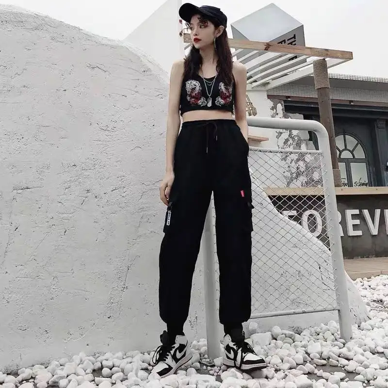 

Spring Women BLACK Army Cargo Pants Unisex Hip Hop Sashes Trousers BF Harajuku Joggers High waist overalls loose casual Pants