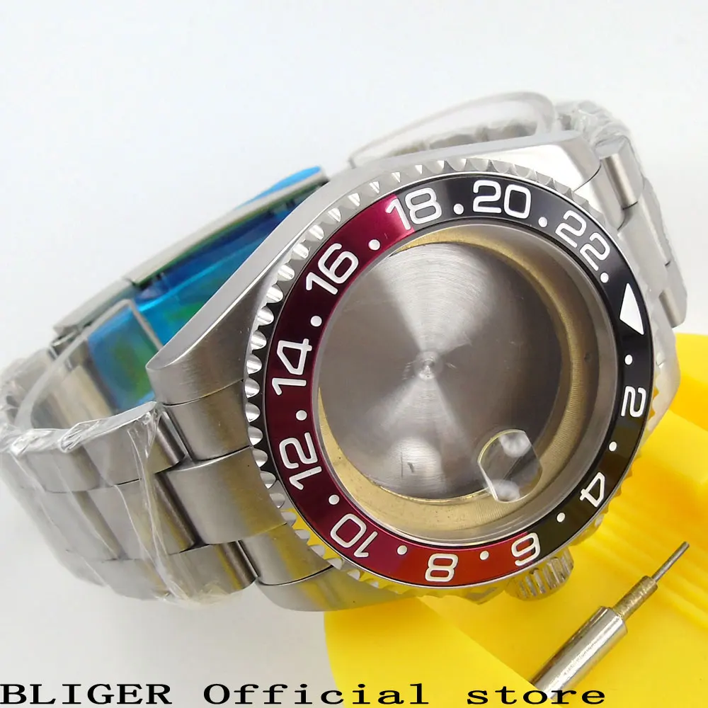 43MM Sapphire Glass Black Red Bezel Stainless Steel Watch Case Date Magnifier Fit ETA 2836 Movement+Watch Bracelet C57