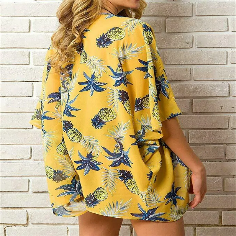 Летняя женская обувь с цветочным принтом фрукты Bikini Cover Up кимоно кардиган