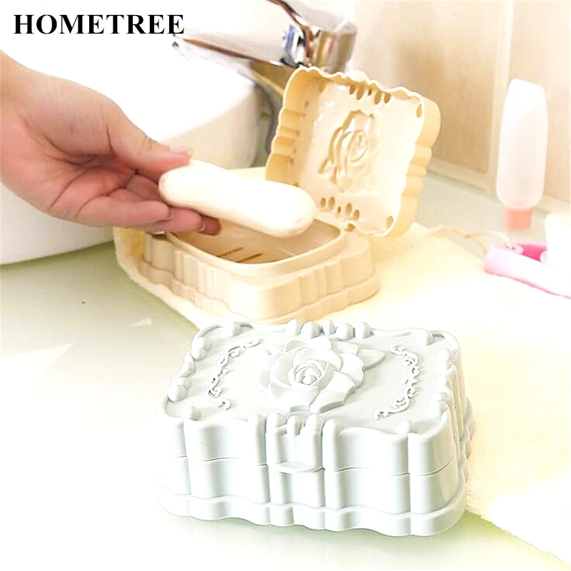 

HOMETREE New Rose carved Soap Dish Box Case Holder Wash Dust-proof Shower Home Bathroom Accessories Set Soap Dish 4 Color H24