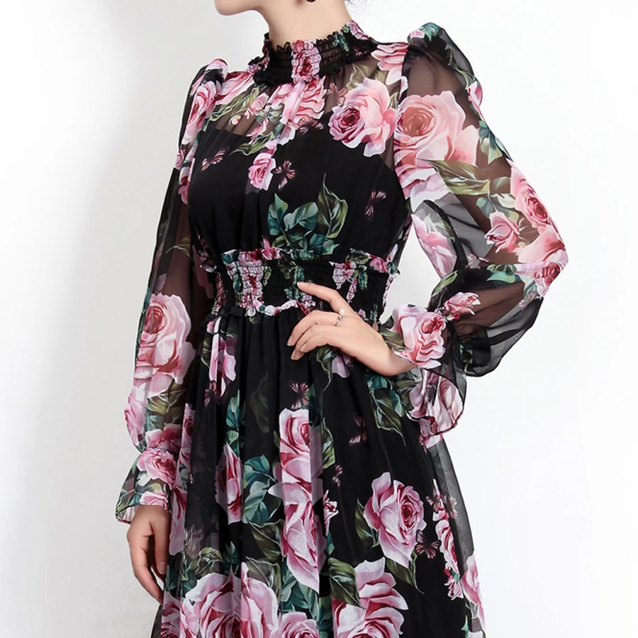 

SEQINYY Chiffon Dress Pink Rose Flowers Sexy 2018 Summer New Fashion Runway Women's Lantern Sleeve Black Loose Beach Dress