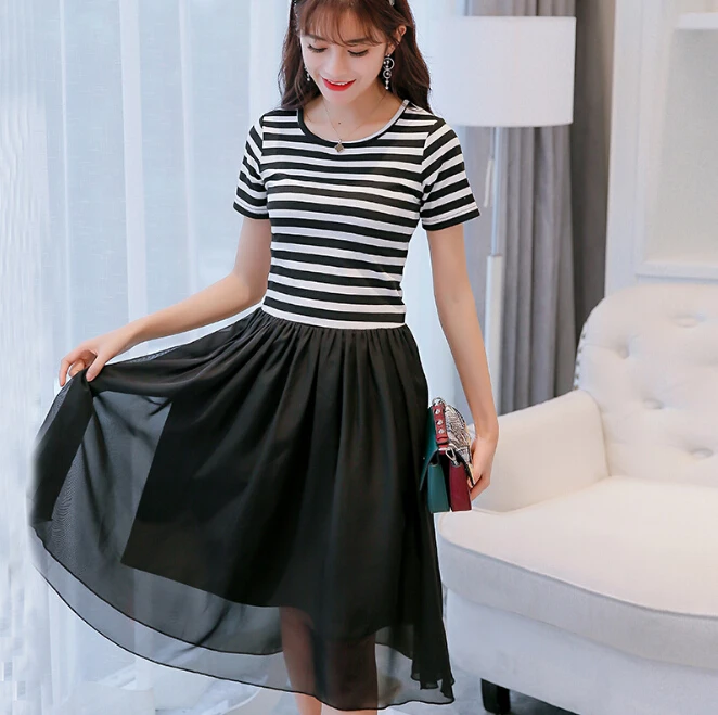 

Корейское летнее платье женская одежда милое платье с коротким рукавом Новое лоскутное Полосатое платье средней длины модное облегающее п...