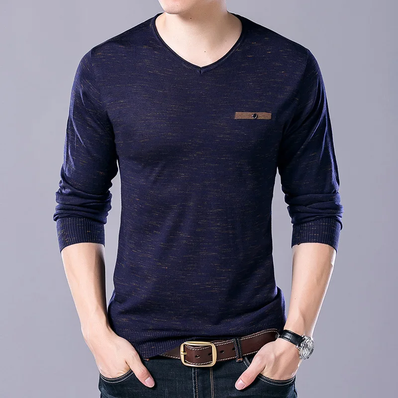 Мужская Трикотажная футболка с длинным рукавом V образным вырезом|tees men|men v neckv neck