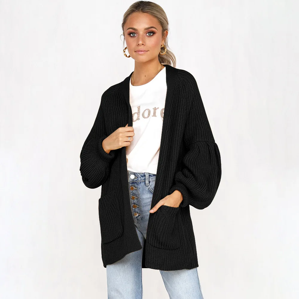 

Women's Long Sleeve Puff Sleeve Solid Colour Knitted Cardigans Ladies Pockets Jacket Coat Outwear Tops sweater