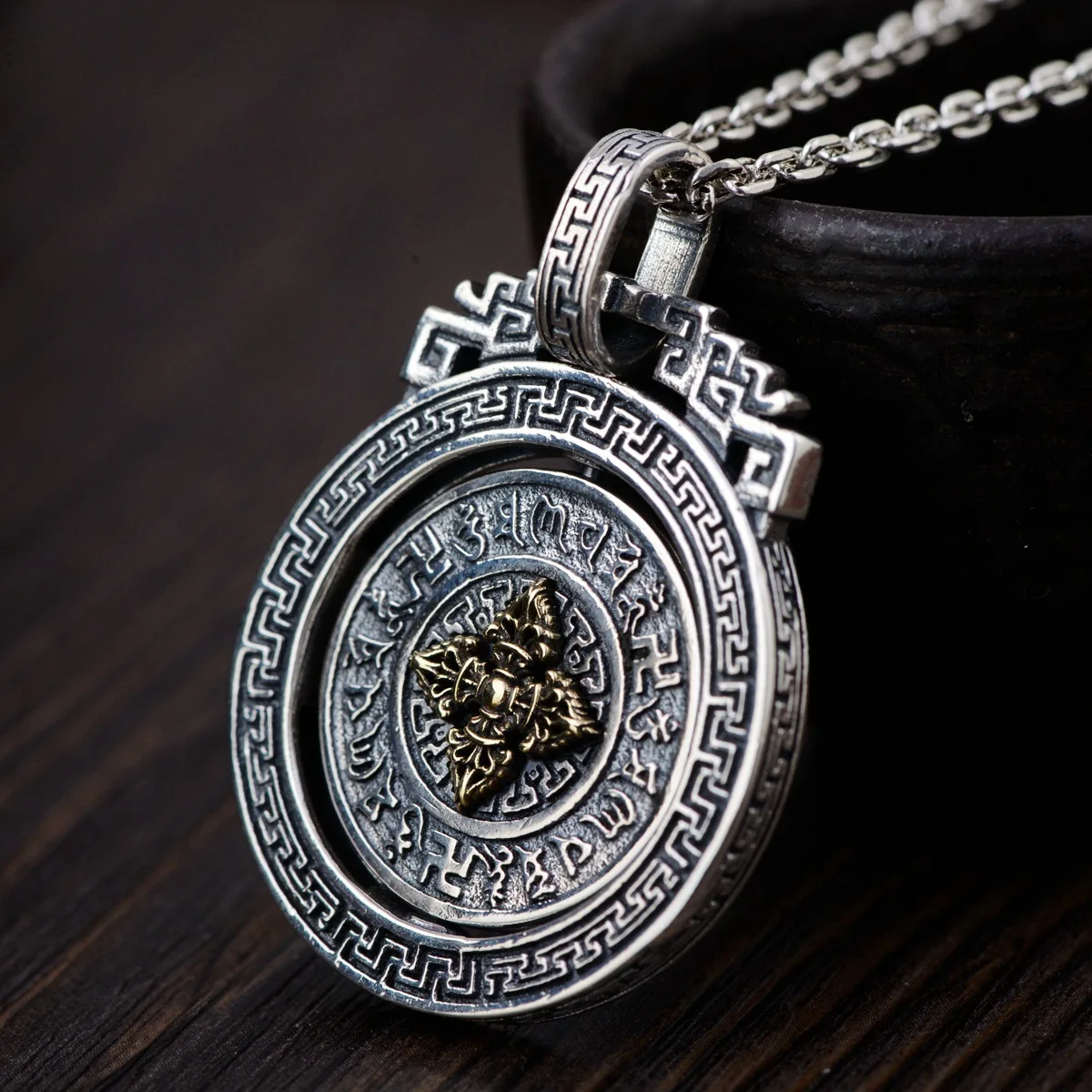 

Real Silver Thai silver wholesale 925 pure silver pendant archaize style buddhist six words pendant rotating new product