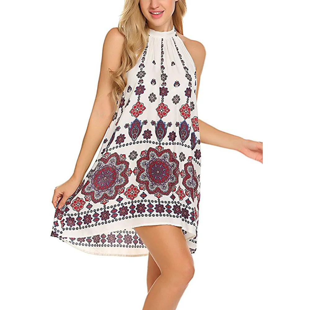 Женское платье с цветочным принтом Boho летнее без рукавов ТРАПЕЦИЕВИДНОЕ ПЛАТЬЕ