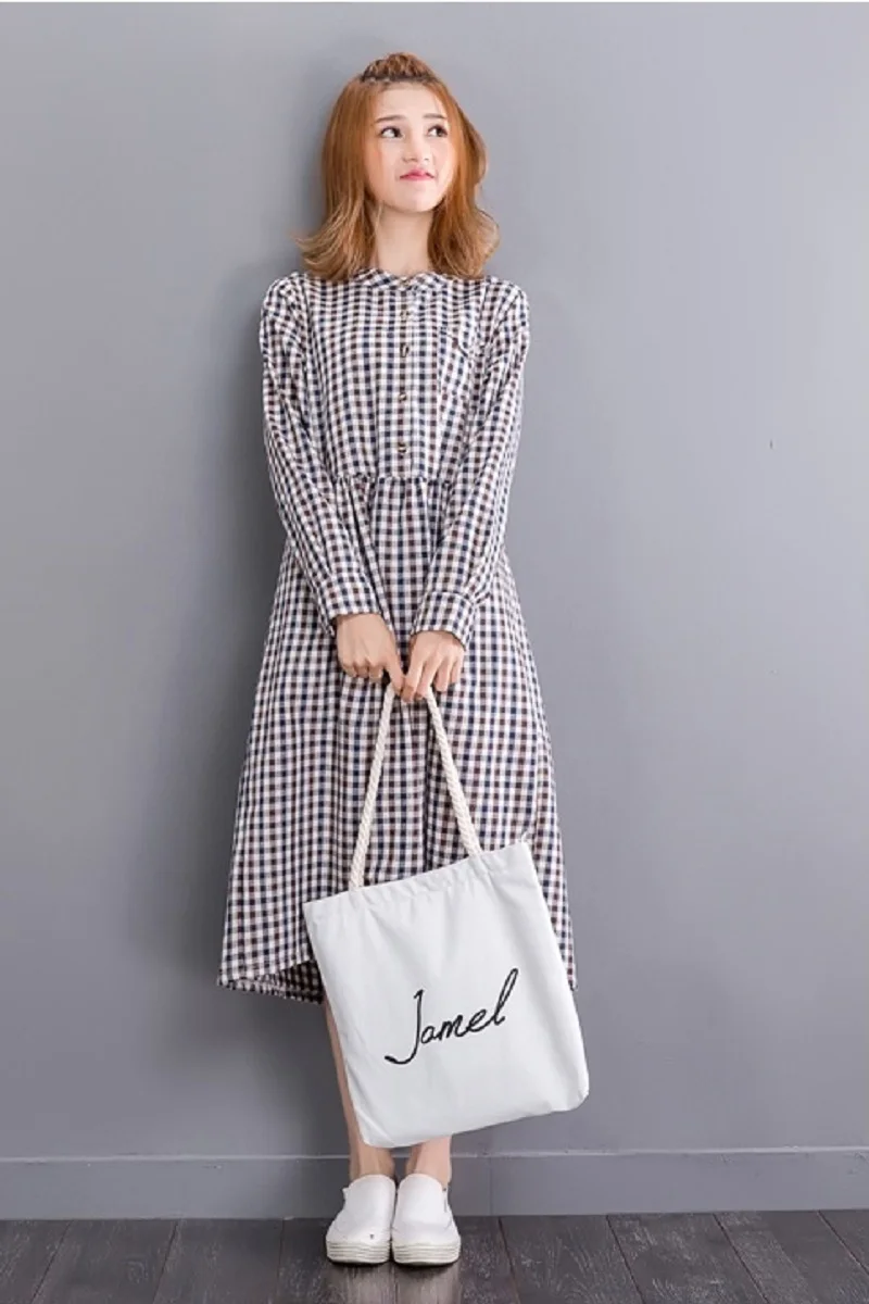 Осень-весна Женское платье Стенд воротник Классический решетки из хлопка и льна