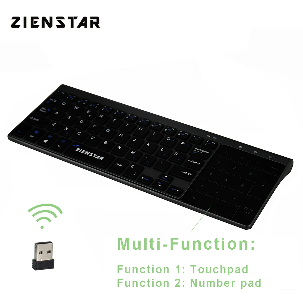 Zienstar испанский Беспроводной мини клавиатура с тачпадом и цифровой блок для Windows