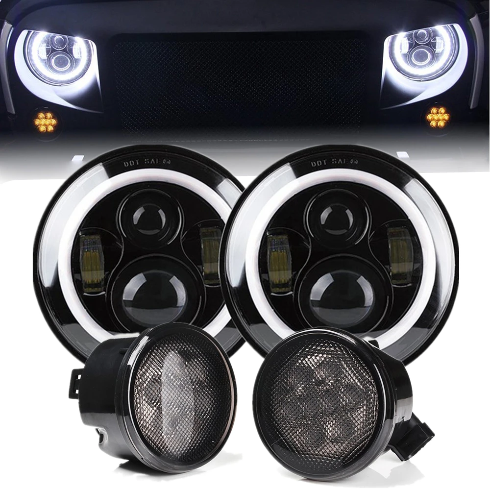 

2pcs Halo 7Inch Headlight +2pcs Smoked Led Turn Signal Lights Combo For Jeep Wrangler Jk 2007-2018